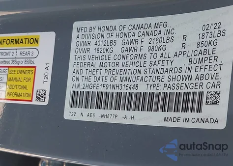 2022 Honda Civic Touring from USA, damaged, VIN 2HGFE1F91NH315448